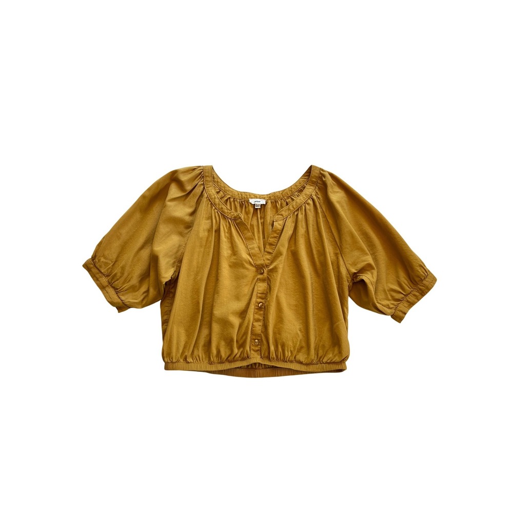 Aerie Mustard Yellow Puff Sleeve Button Front Cropped Boho Peasant Top Size XS